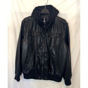 I Jeans By Buffalo Antoine Mens XL Black Faux Leather Hooded Lined Jacket